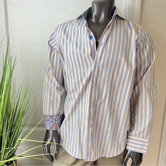 #56. Robert Graham Blue & Yellow Striped Dress Shirt • 16 1/2 - Picture 3 of 16